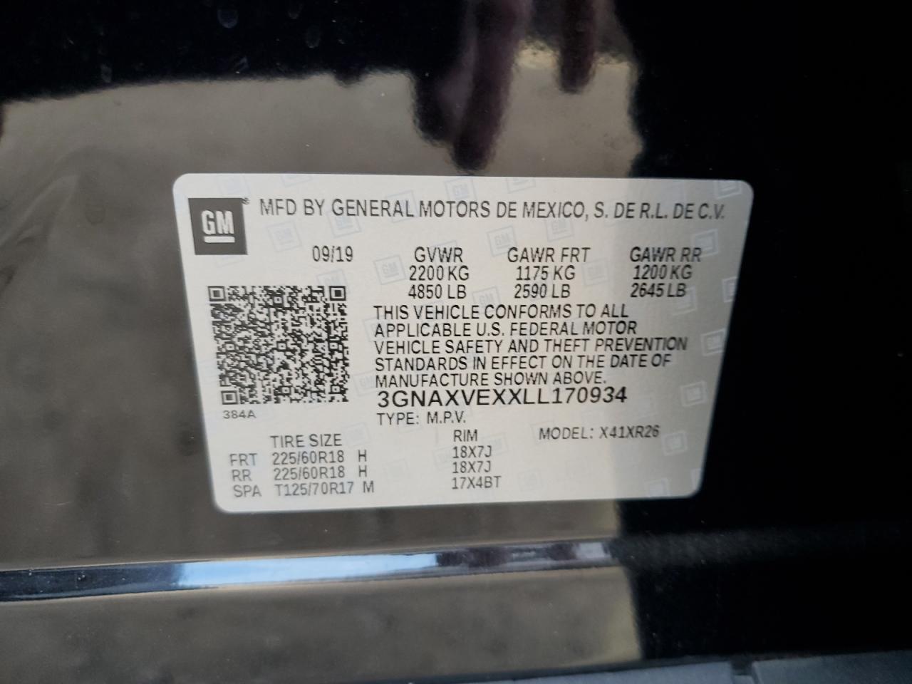 2020 Chevrolet Equinox Lt VIN: 3GNAXVEXXLL170934 Lot: 84927635