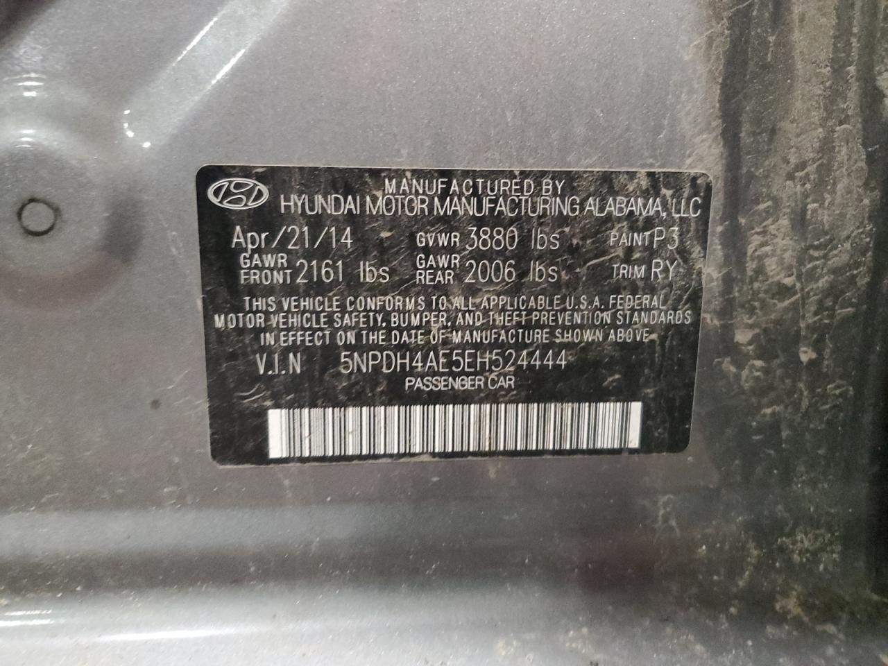 2014 Hyundai Elantra Se VIN: 5NPDH4AE5EH524444 Lot: 81853285