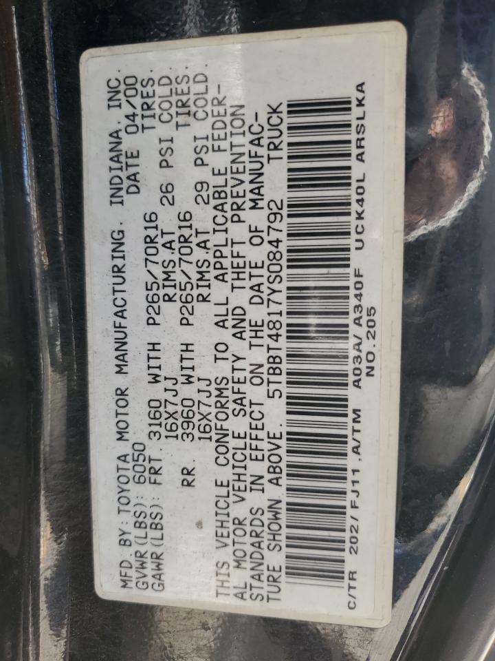 2000 Toyota Tundra Access Cab Limited VIN: 5TBBT4817YS084792 Lot: 82353685