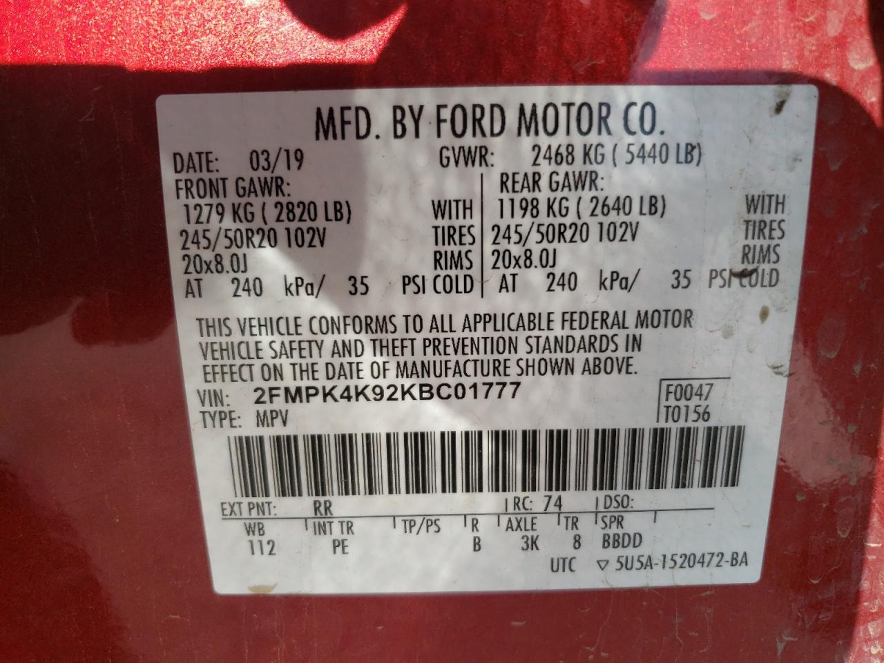 2019 Ford Edge Titanium VIN: 2FMPK4K92KBC01777 Lot: 82534195