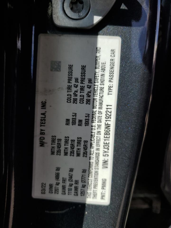 2022 Tesla Model 3 VIN: 5YJ3E1EB6NF192211 Lot: 84758505