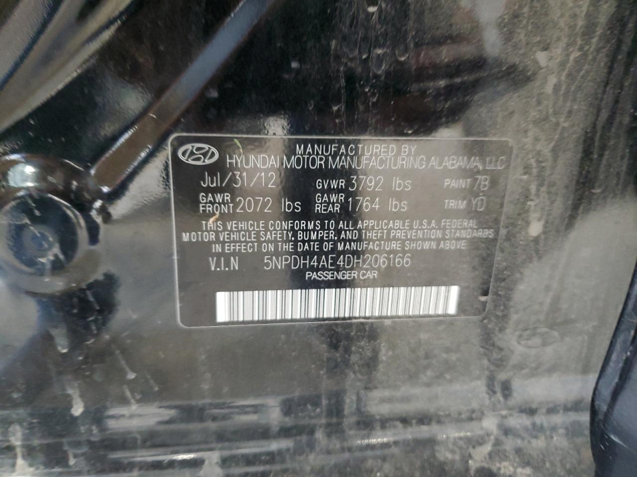 2013 Hyundai Elantra Gls VIN: 5NPDH4AE4DH206166 Lot: 84562125