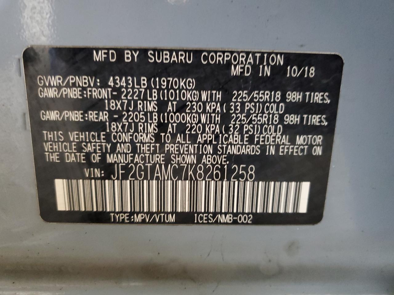 2019 Subaru Crosstrek Limited VIN: JF2GTAMC7K8261258 Lot: 85670985