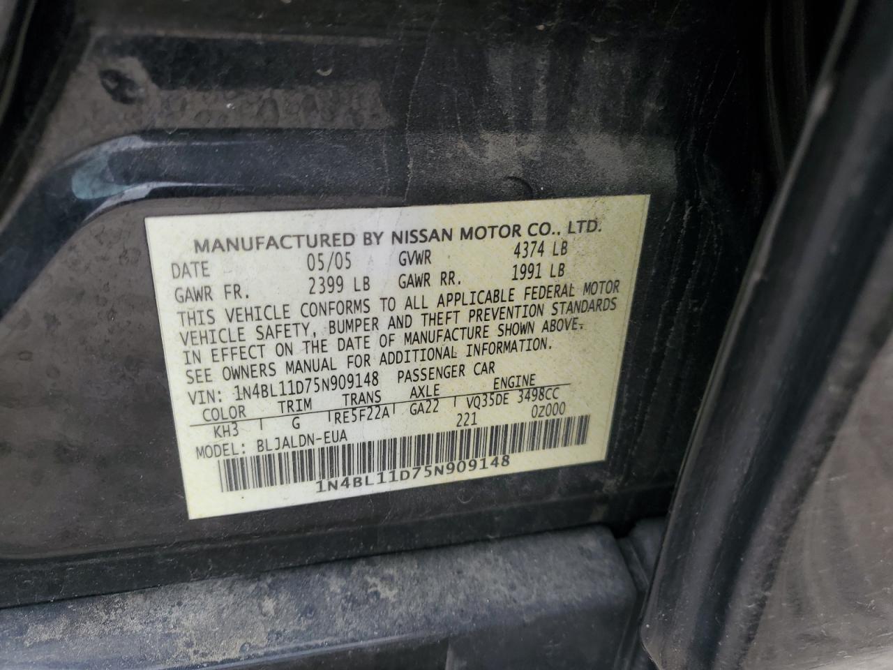 2005 Nissan Altima Se VIN: 1N4BL11D75N909148 Lot: 87433865