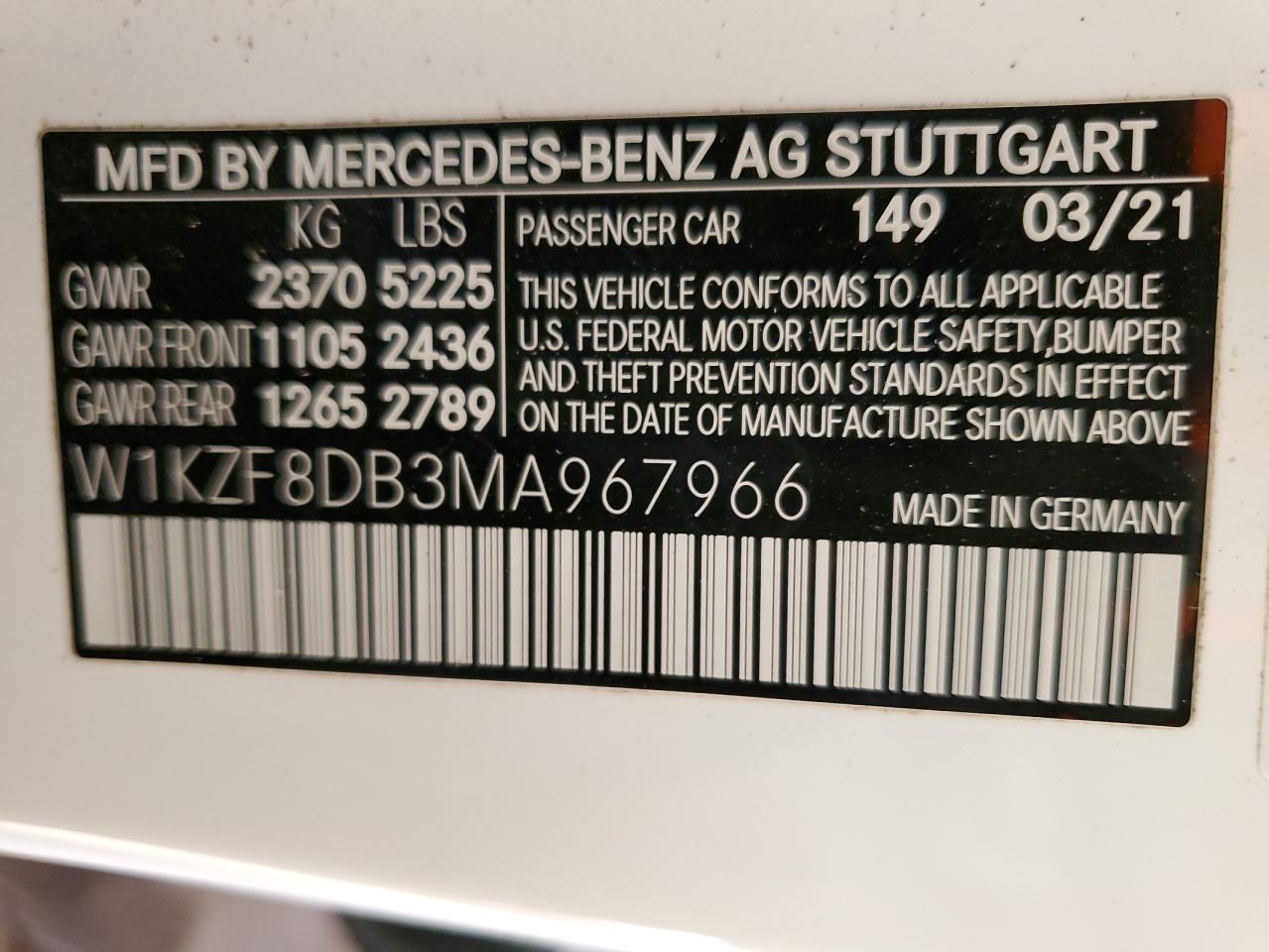 2021 Mercedes-Benz E 350 VIN: W1KZF8DB3MA967966 Lot: 90840125