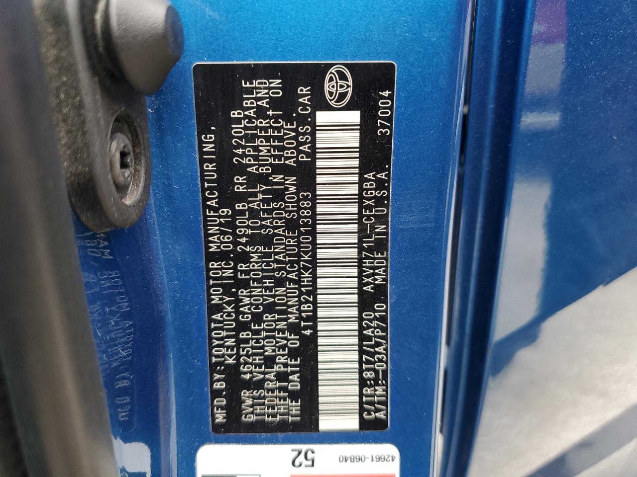 2019 Toyota Camry Hybrid VIN: 4T1B21HK7KU013883 Lot: 84595125