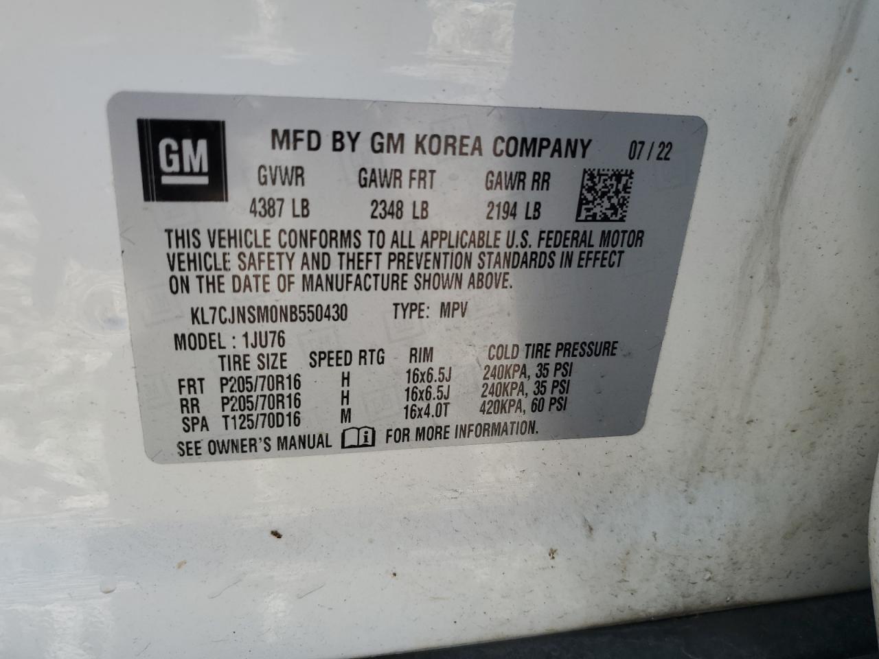 2022 Chevrolet Trax Ls VIN: KL7CJNSM0NB550430 Lot: 82180955