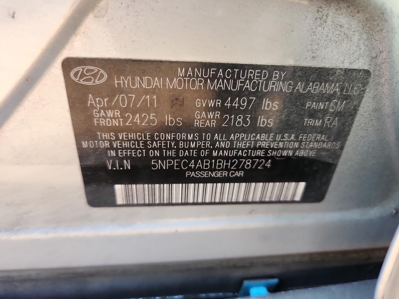 2011 Hyundai Sonata Se VIN: 5NPEC4AB1BH278724 Lot: 86158245