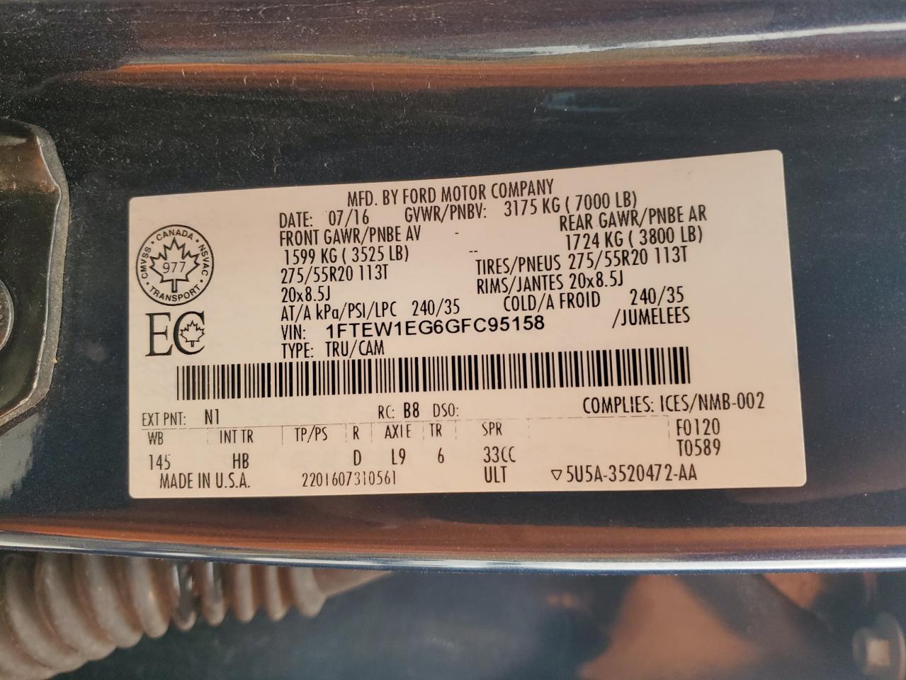 2016 Ford F150 Supercrew VIN: 1FTEW1EG6GFC95158 Lot: 90034765