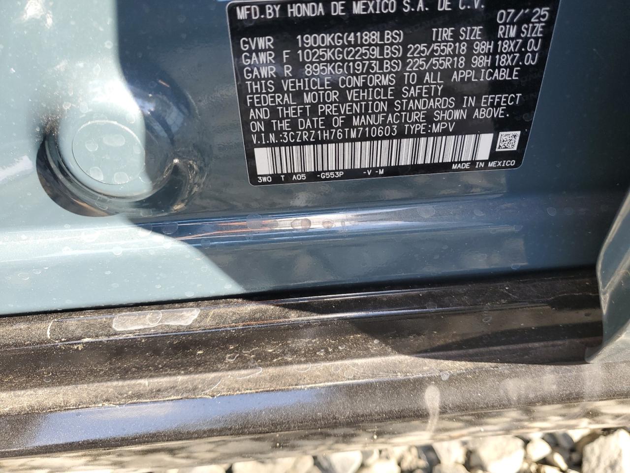 2026 Honda Hr-V Exl VIN: 3CZRZ1H76TM710603 Lot: 89843665