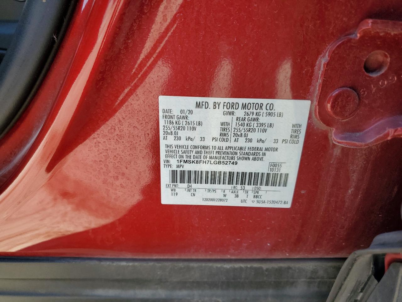 2020 Ford Explorer Limited VIN: 1FMSK8FH7LGB52749 Lot: 86322305