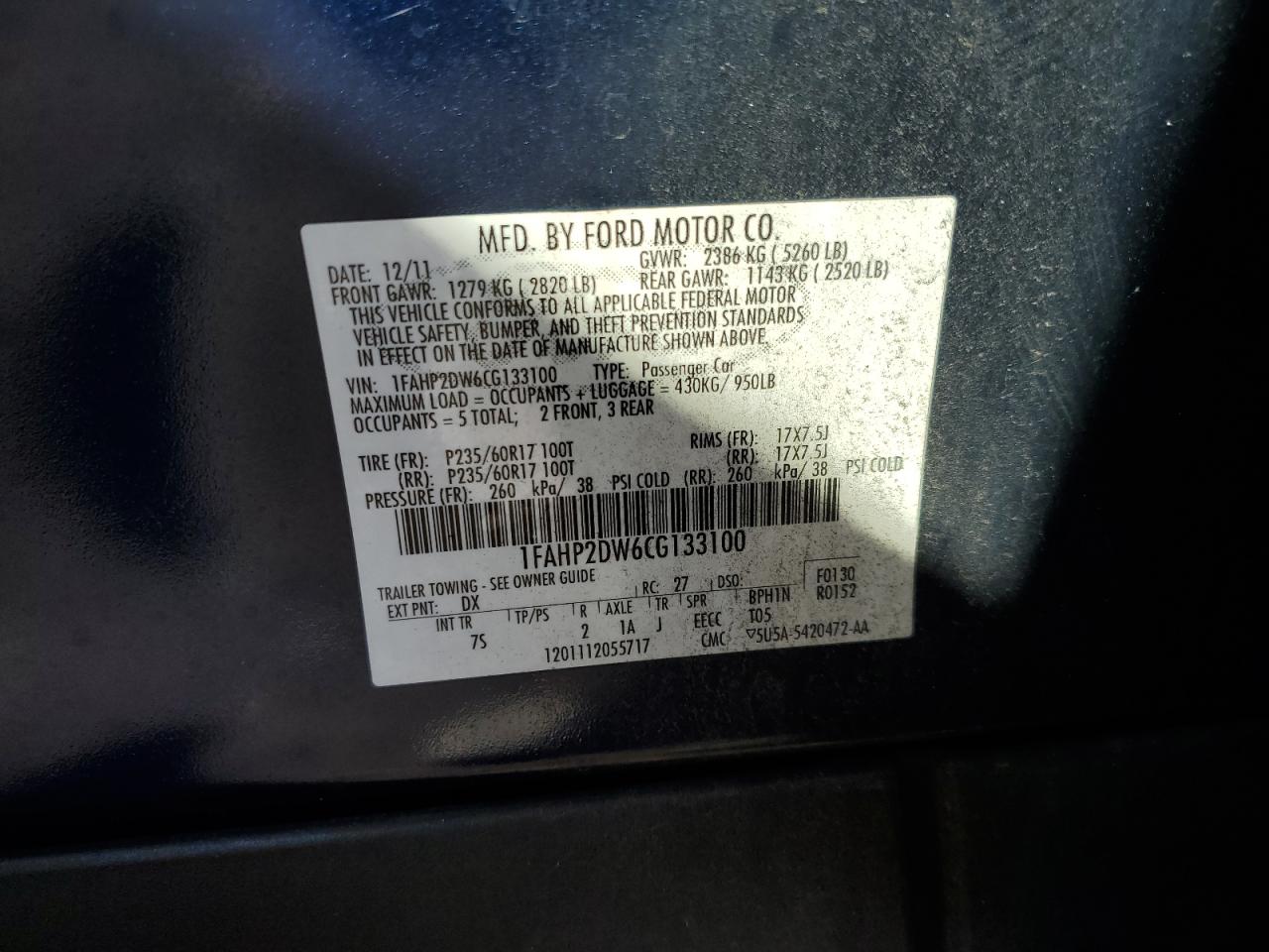 2012 Ford Taurus Se VIN: 1FAHP2DW6CG133100 Lot: 82780945