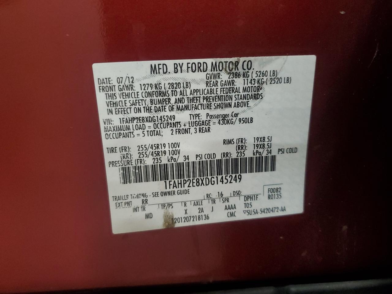 2013 Ford Taurus Sel VIN: 1FAHP2E8XDG145249 Lot: 85257395