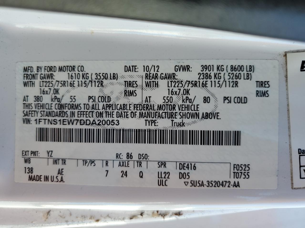 2013 Ford Econoline E150 Van VIN: 1FTNS1EW7DDA20053 Lot: 85170805