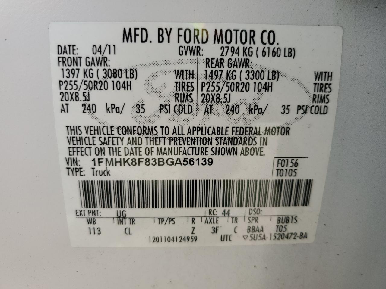 2011 Ford Explorer Limited VIN: 1FMHK8F83BGA56139 Lot: 86302905