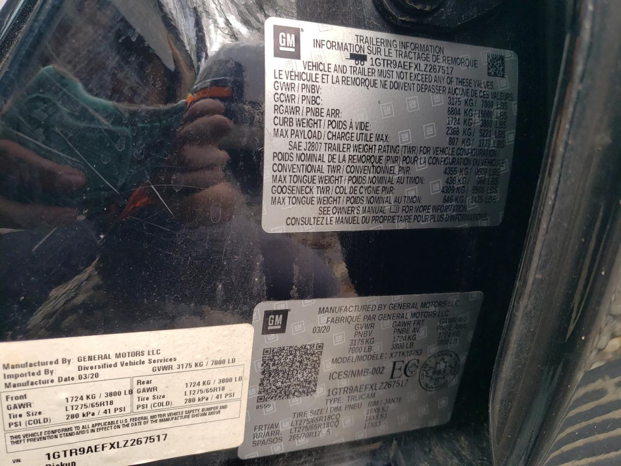 2020 GMC Sierra K1500 VIN: 1GTR9AEFXLZ267517 Lot: 83864515