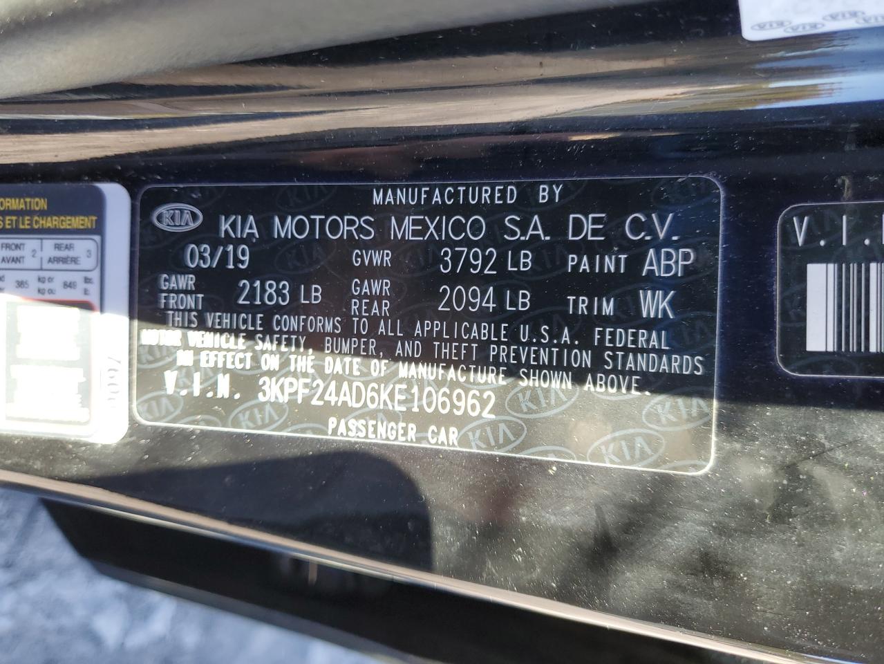 2019 Kia Forte Fe VIN: 3KPF24AD6KE106962 Lot: 84998125