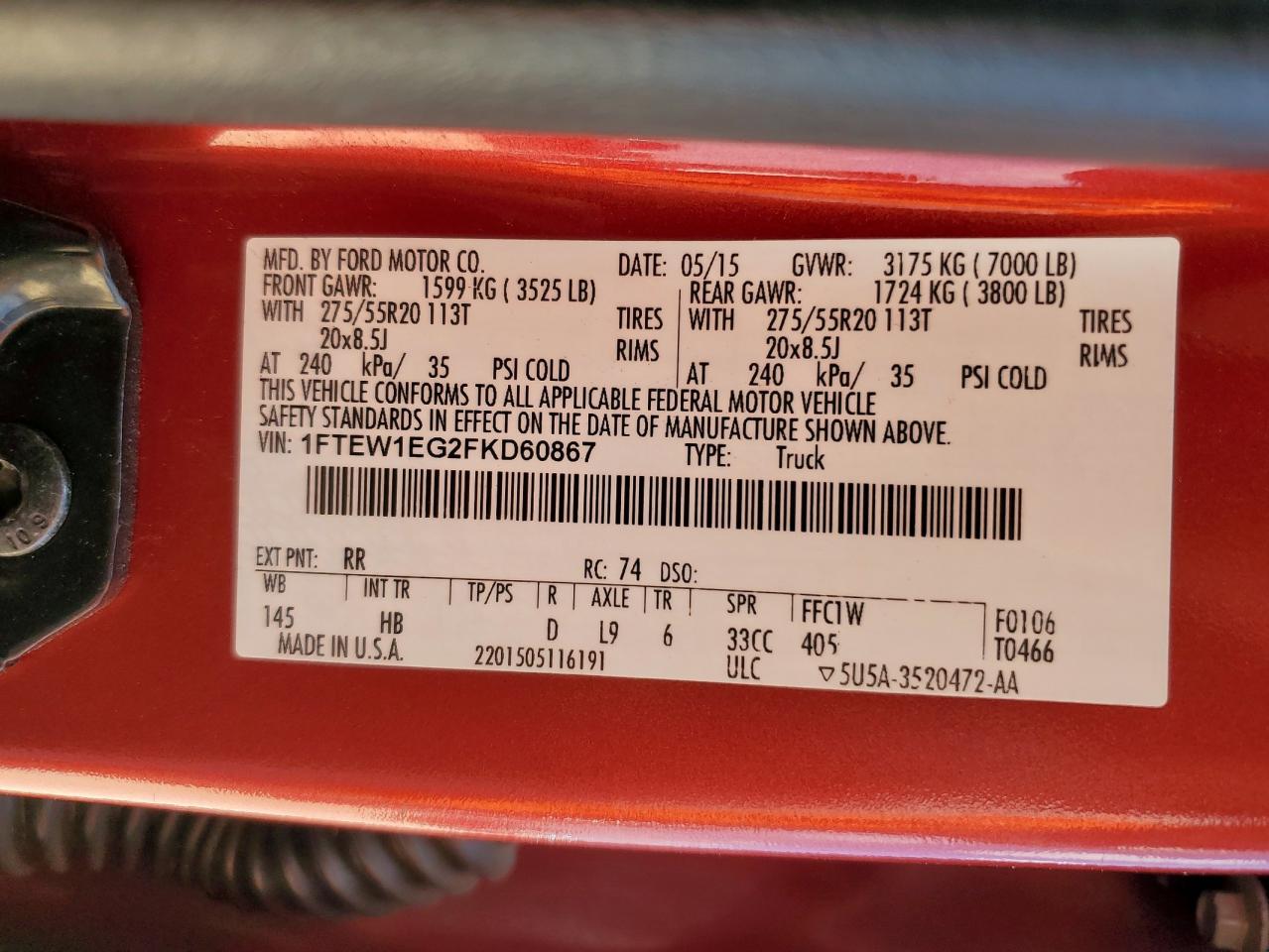 2015 Ford F150 Supercrew VIN: 1FTEW1EG2FKD60867 Lot: 85179545