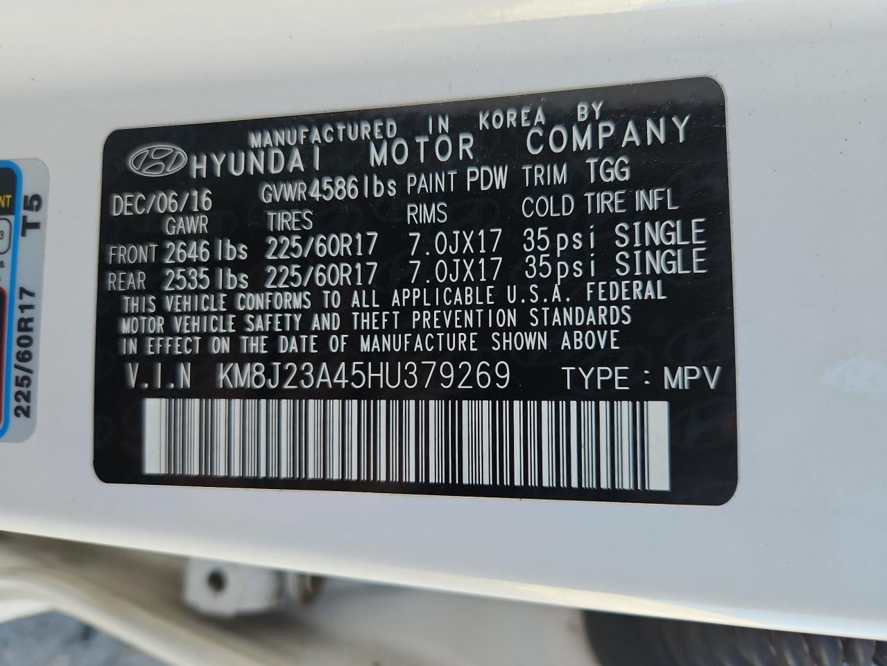 2017 Hyundai Tucson Se VIN: KM8J23A45HU379269 Lot: 82280755