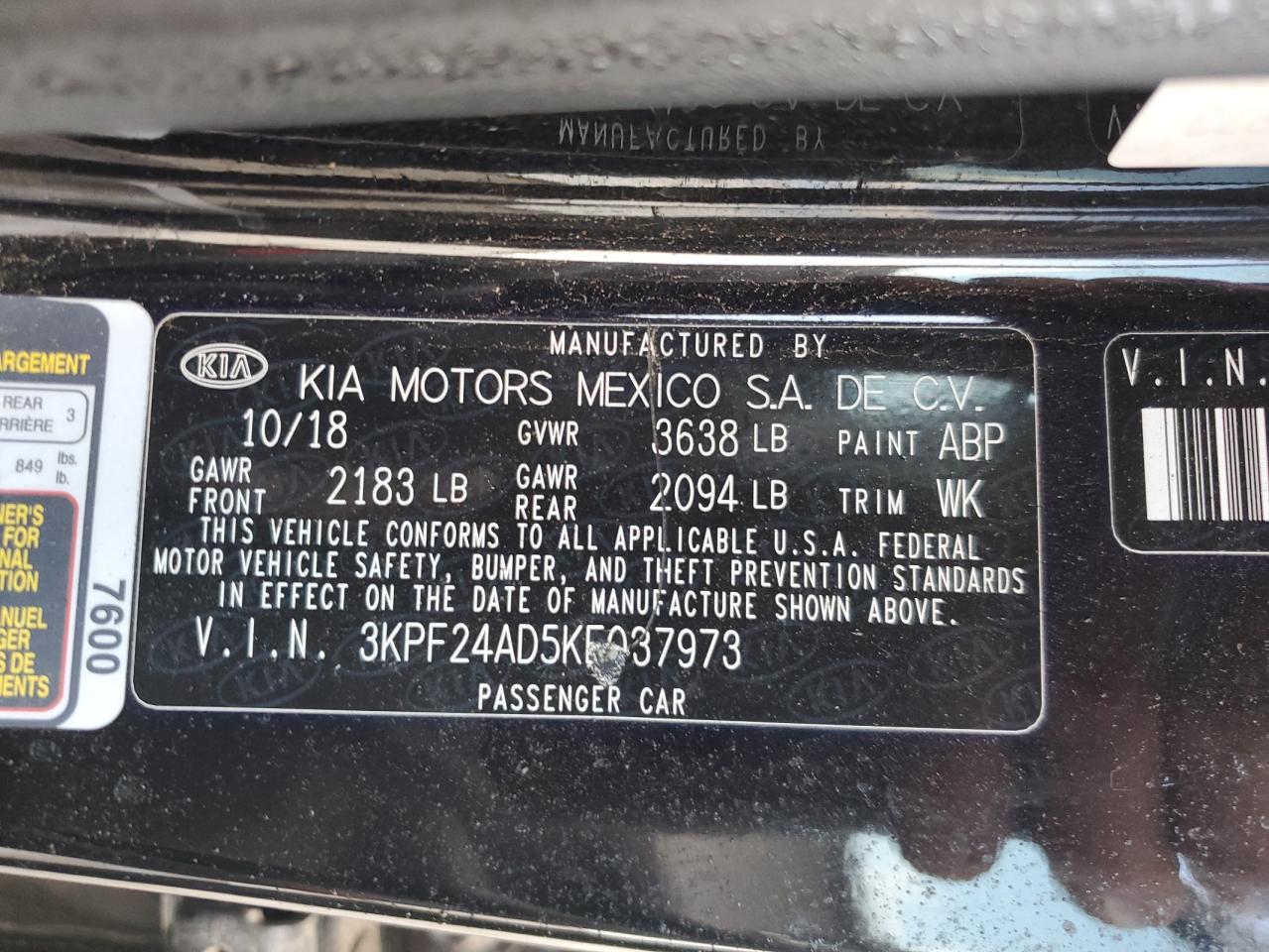 2019 Kia Forte Fe VIN: 3KPF24AD5KE037973 Lot: 85289495