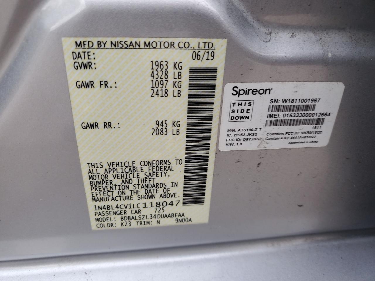 2020 Nissan Altima Sr VIN: 1N4BL4CV1LC118047 Lot: 85323025