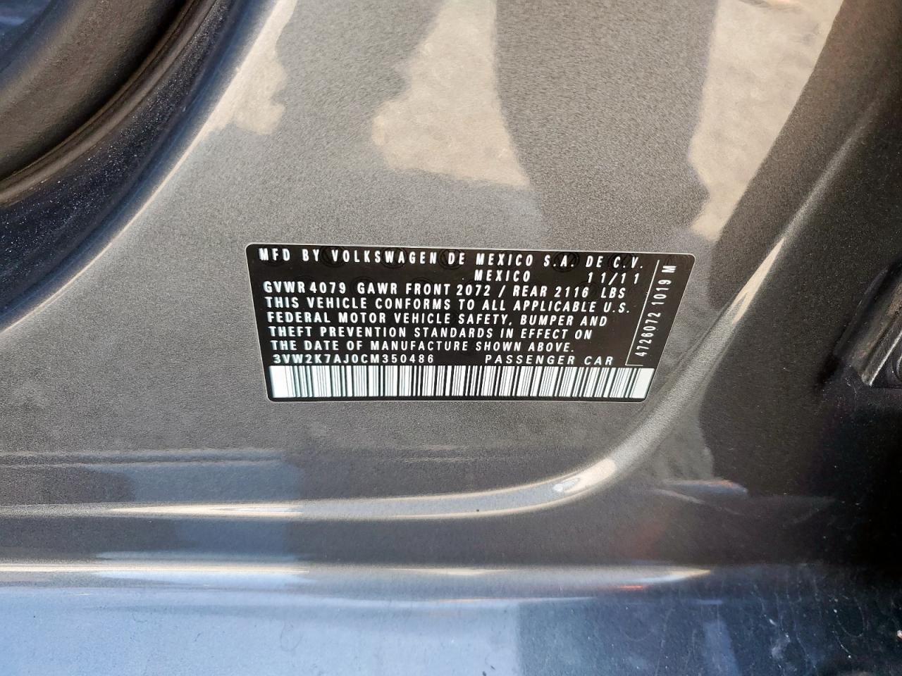 2012 Volkswagen Jetta Base VIN: 3VW2K7AJ0CM350486 Lot: 85743945