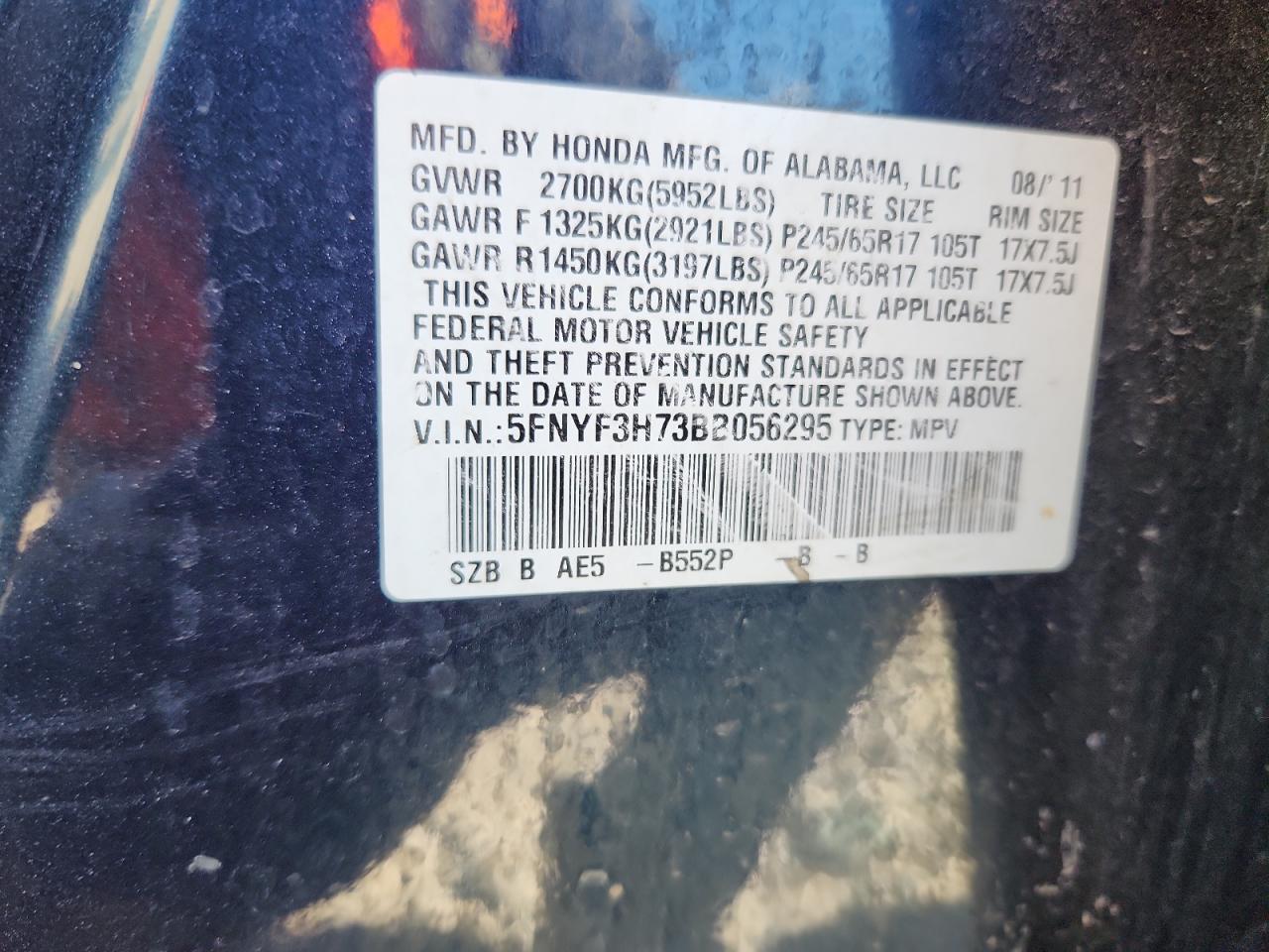 2011 Honda Pilot Exln VIN: 5FNYF3H73BB056295 Lot: 90356815