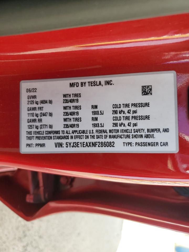 2022 Tesla Model 3 VIN: 5YJ3E1EAXNF286082 Lot: 86097205