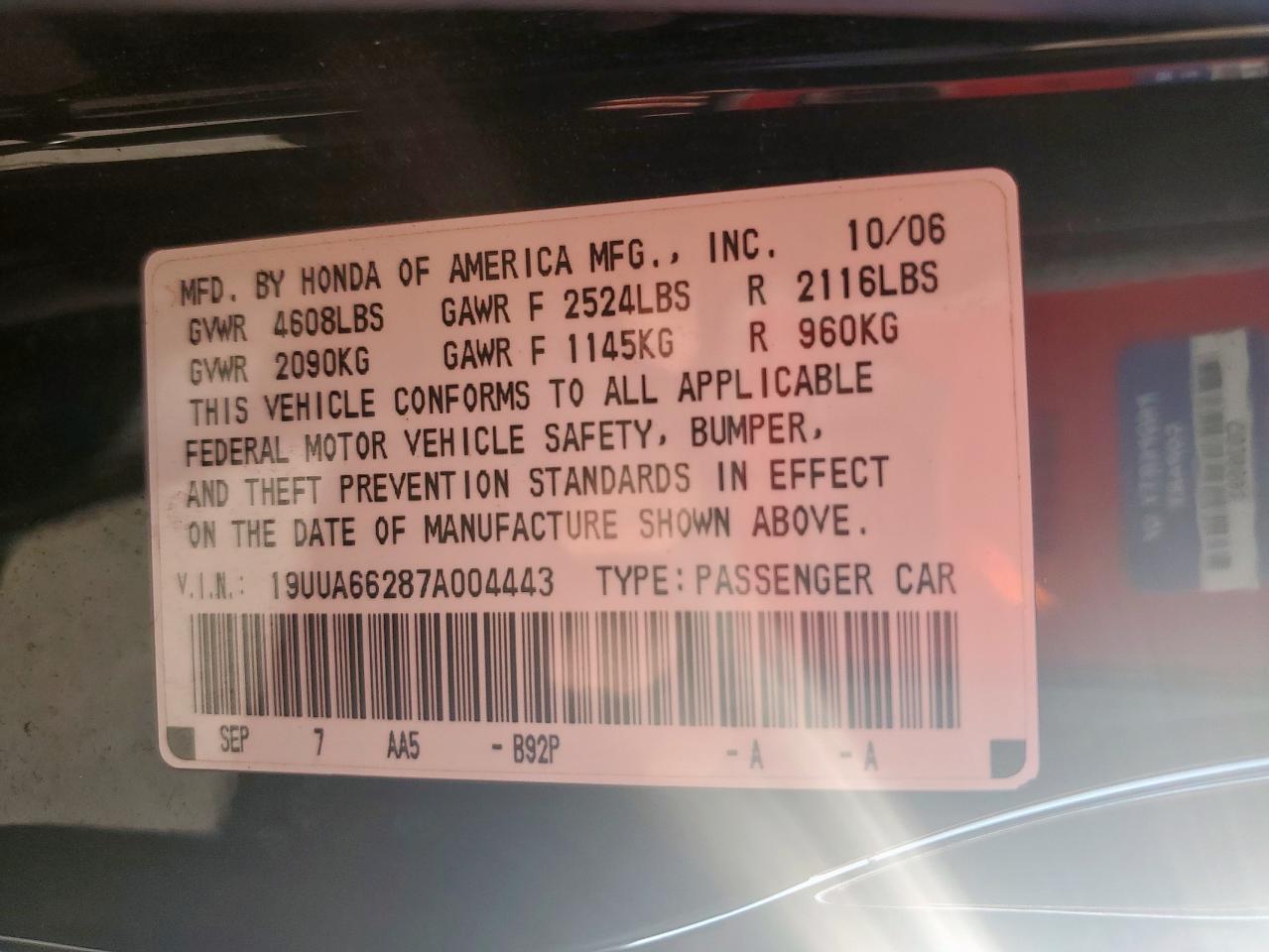 2007 Acura Tl VIN: 19UUA66287A004443 Lot: 84774435