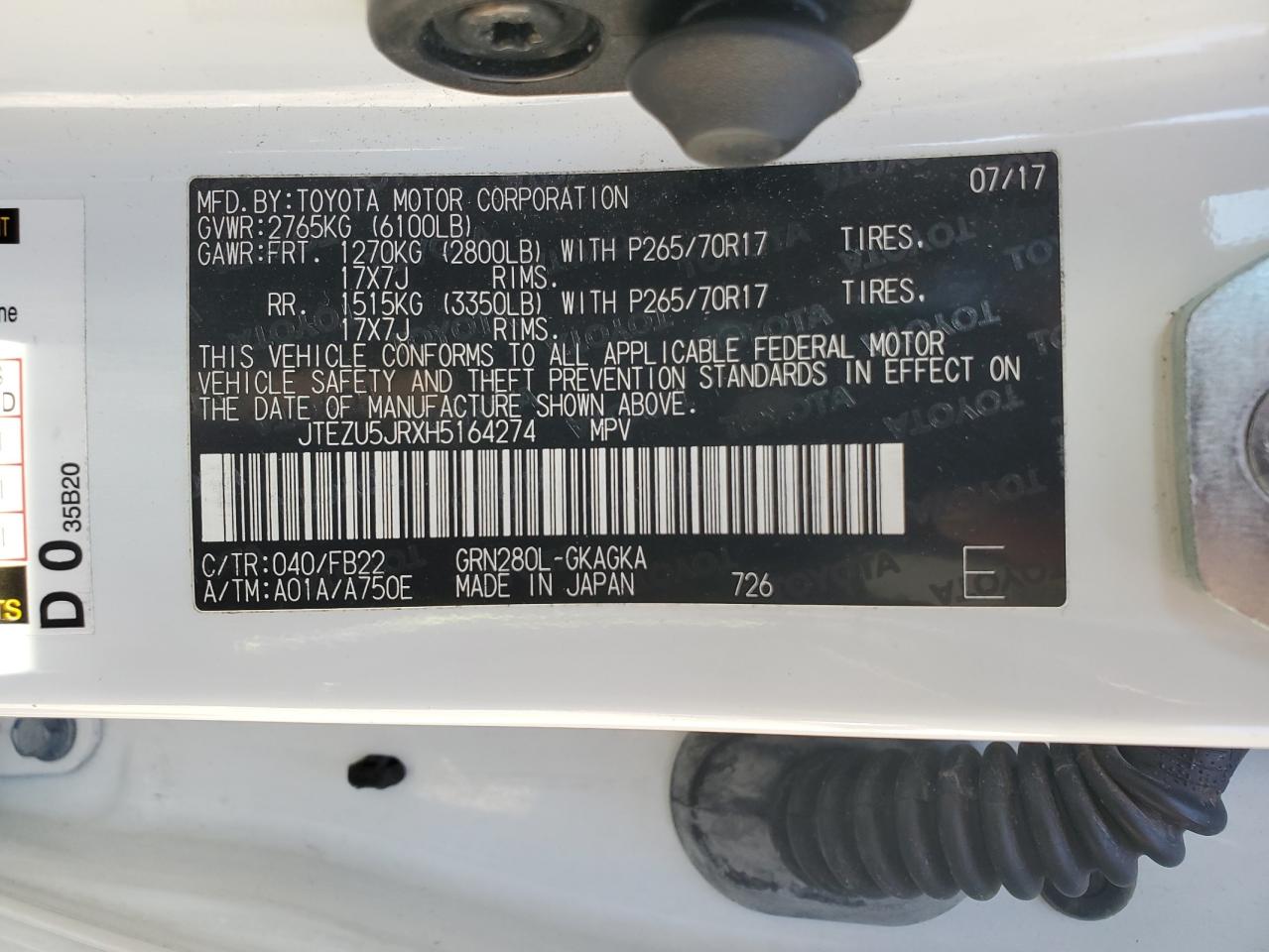 2017 Toyota 4Runner Sr5 VIN: JTEZU5JRXH5164274 Lot: 85895785