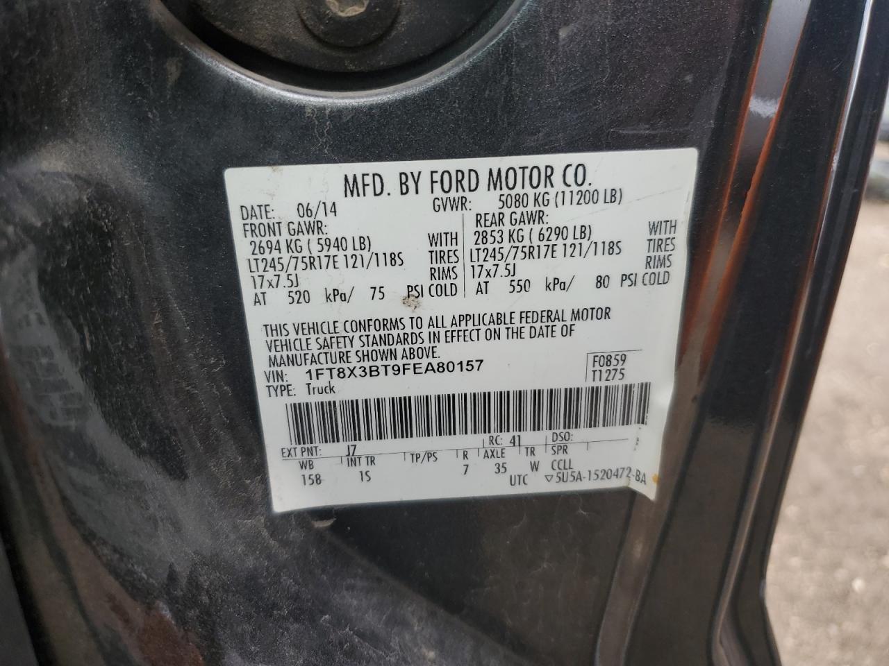 2015 Ford F350 Super Duty VIN: 1FT8X3BT9FEA80157 Lot: 89458195