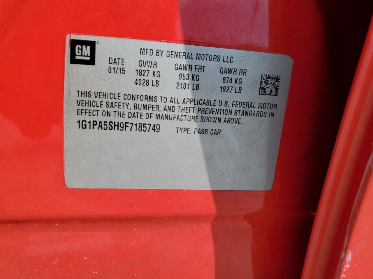 2015 Chevrolet Cruze Ls VIN: 1G1PA5SH9F7185749 Lot: 83869125