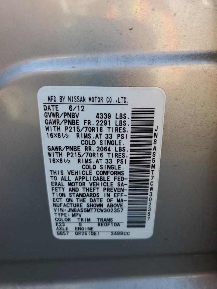 2012 Nissan Rogue S VIN: JN8AS5MT7CW302357 Lot: 85926545