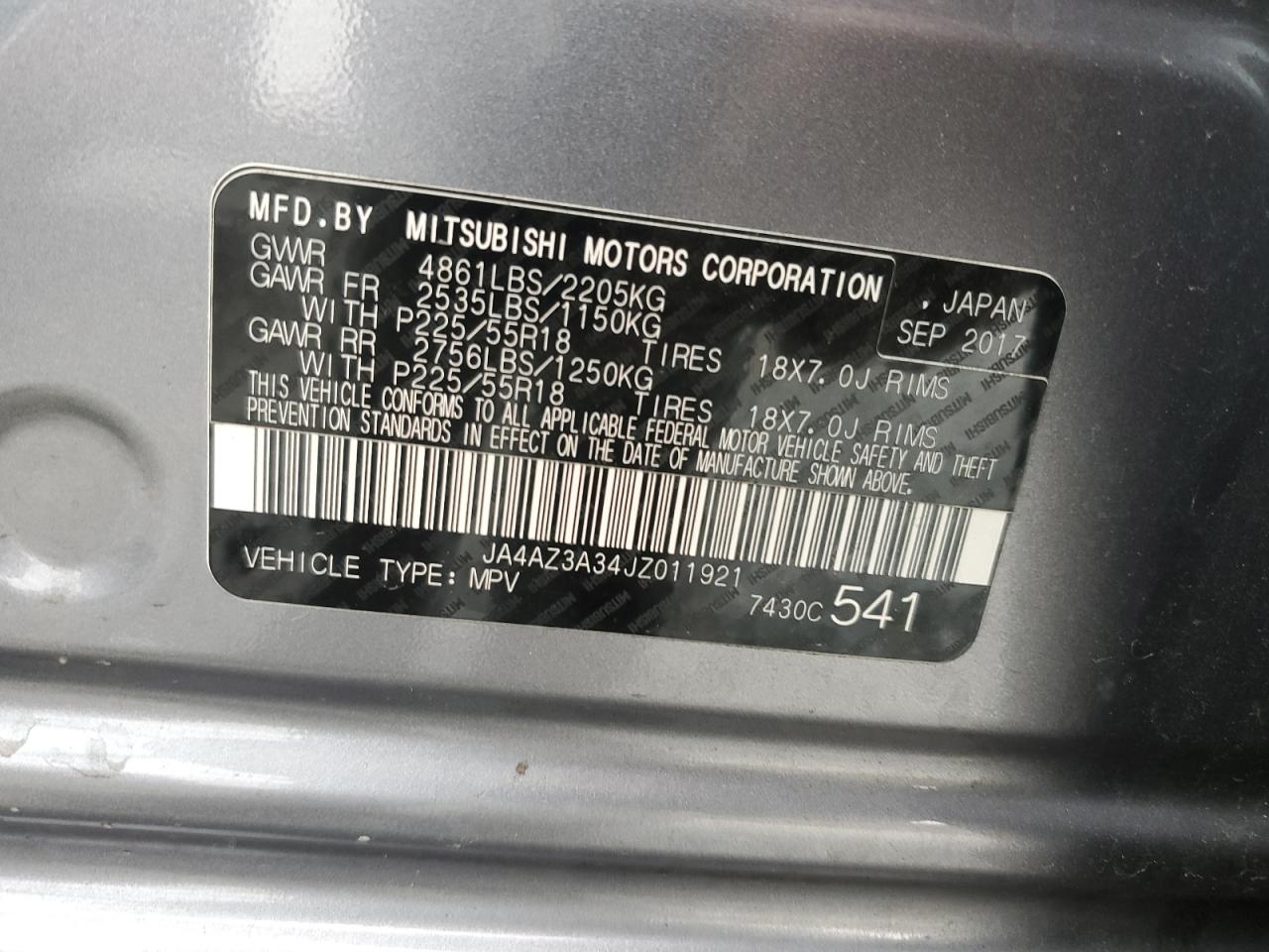 2018 Mitsubishi Outlander Se VIN: JA4AZ3A34JZ011921 Lot: 91007485