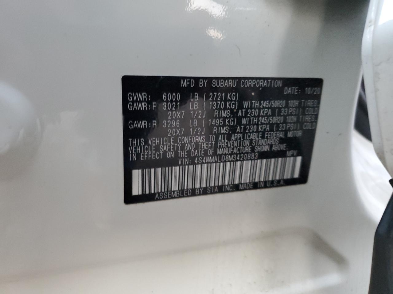 2021 Subaru Ascent Limited VIN: 4S4WMALD8M3420883 Lot: 84971935