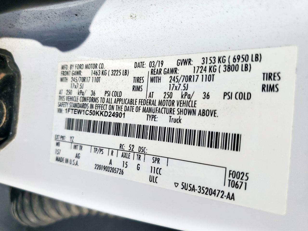 2019 Ford F150 Supercrew VIN: 1FTEW1C50KKD24901 Lot: 84239865