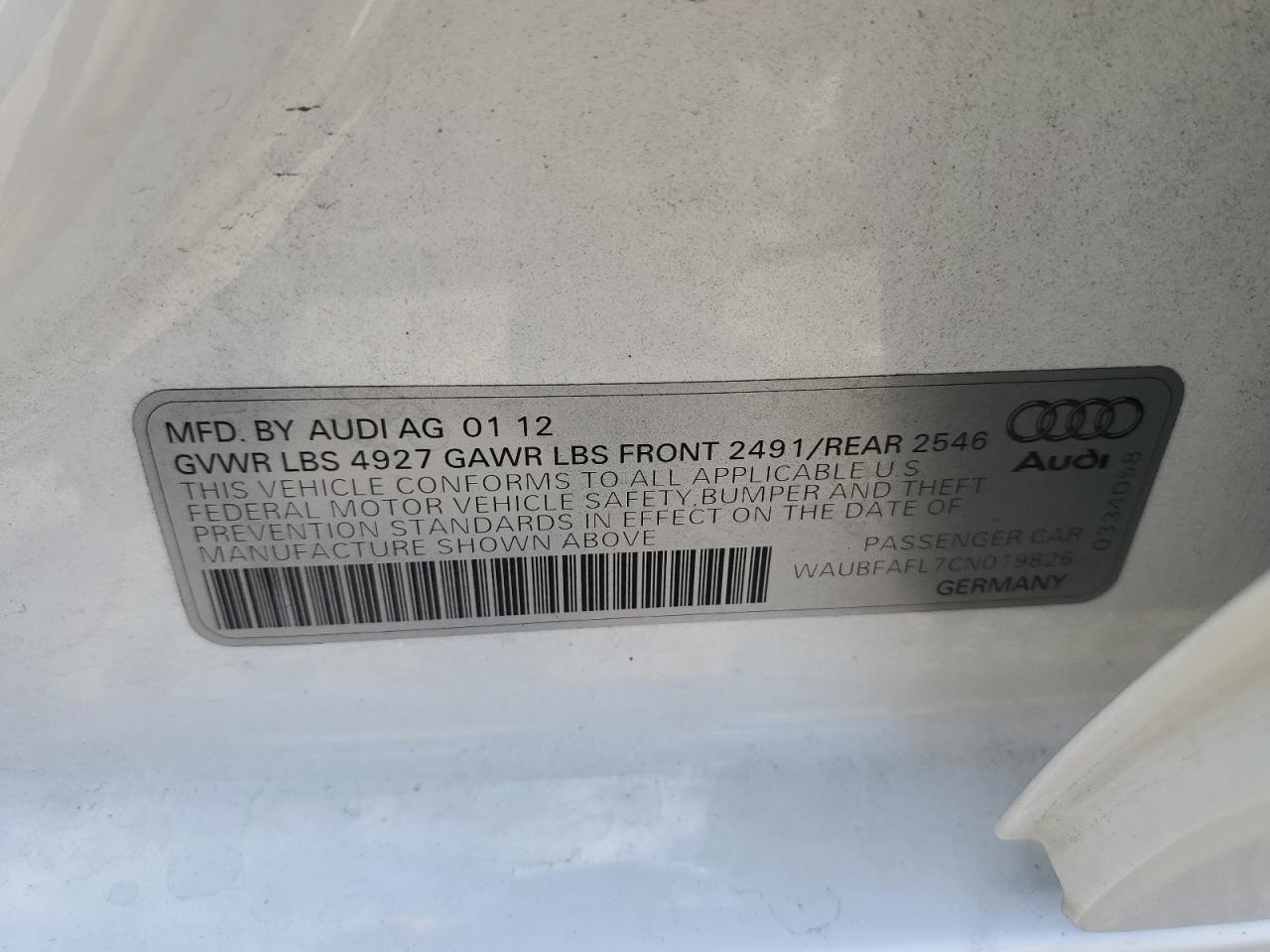 2012 Audi A4 Premium VIN: WAUBFAFL7CN019826 Lot: 86508745