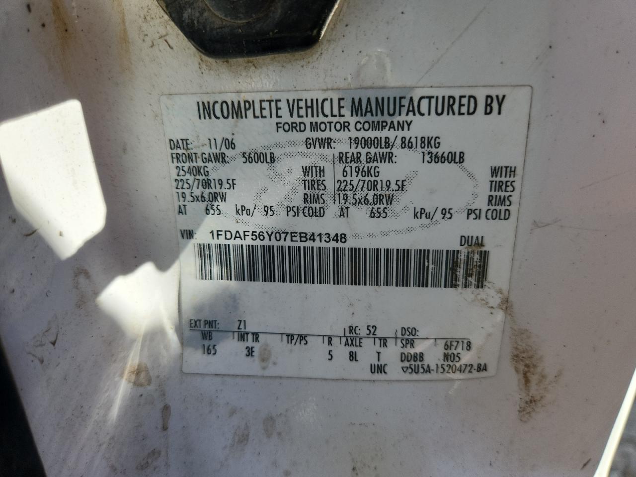 2007 Ford F550 Super Duty VIN: 1FDAF56Y07EB41348 Lot: 81954635