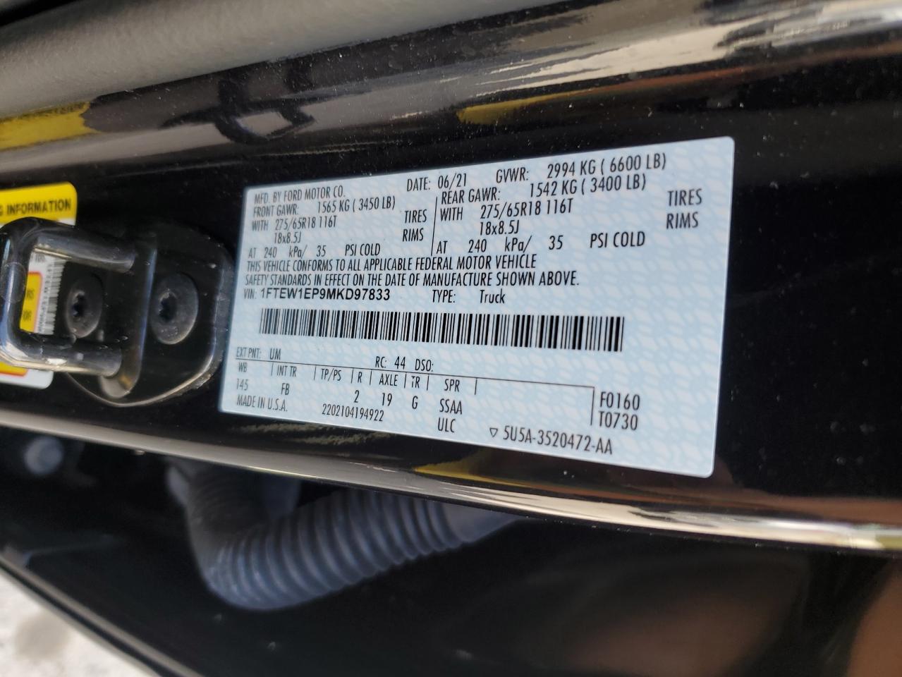 2021 Ford F150 Supercrew VIN: 1FTEW1EP9MKD97833 Lot: 82365345