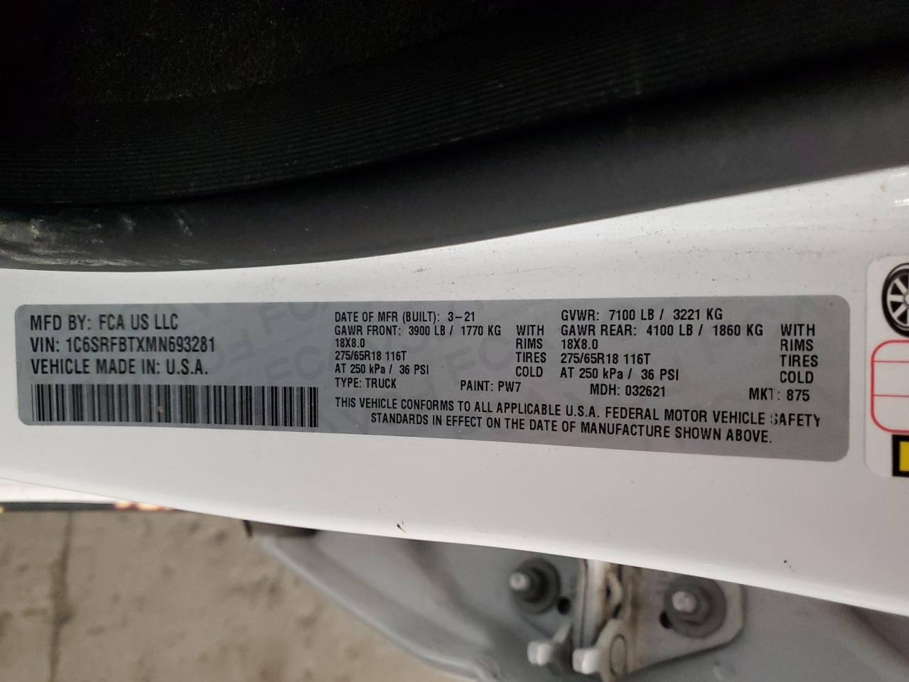 2021 Ram 1500 Big Horn/Lone Star VIN: 1C6SRFBTXMN693281 Lot: 82349925