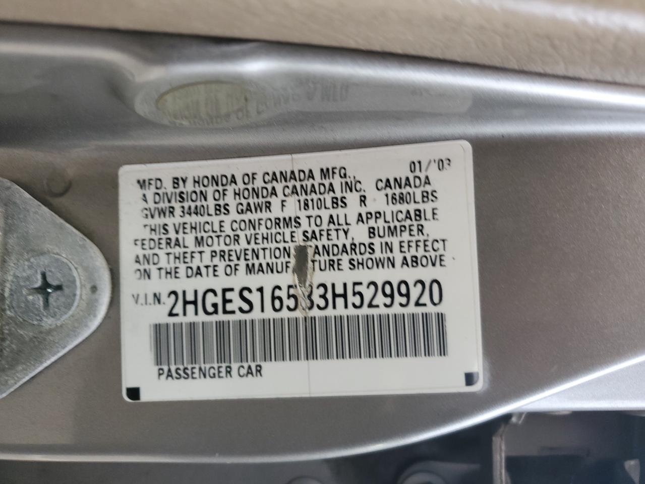 2003 Honda Civic Lx VIN: 2HGES16583H529920 Lot: 85916615