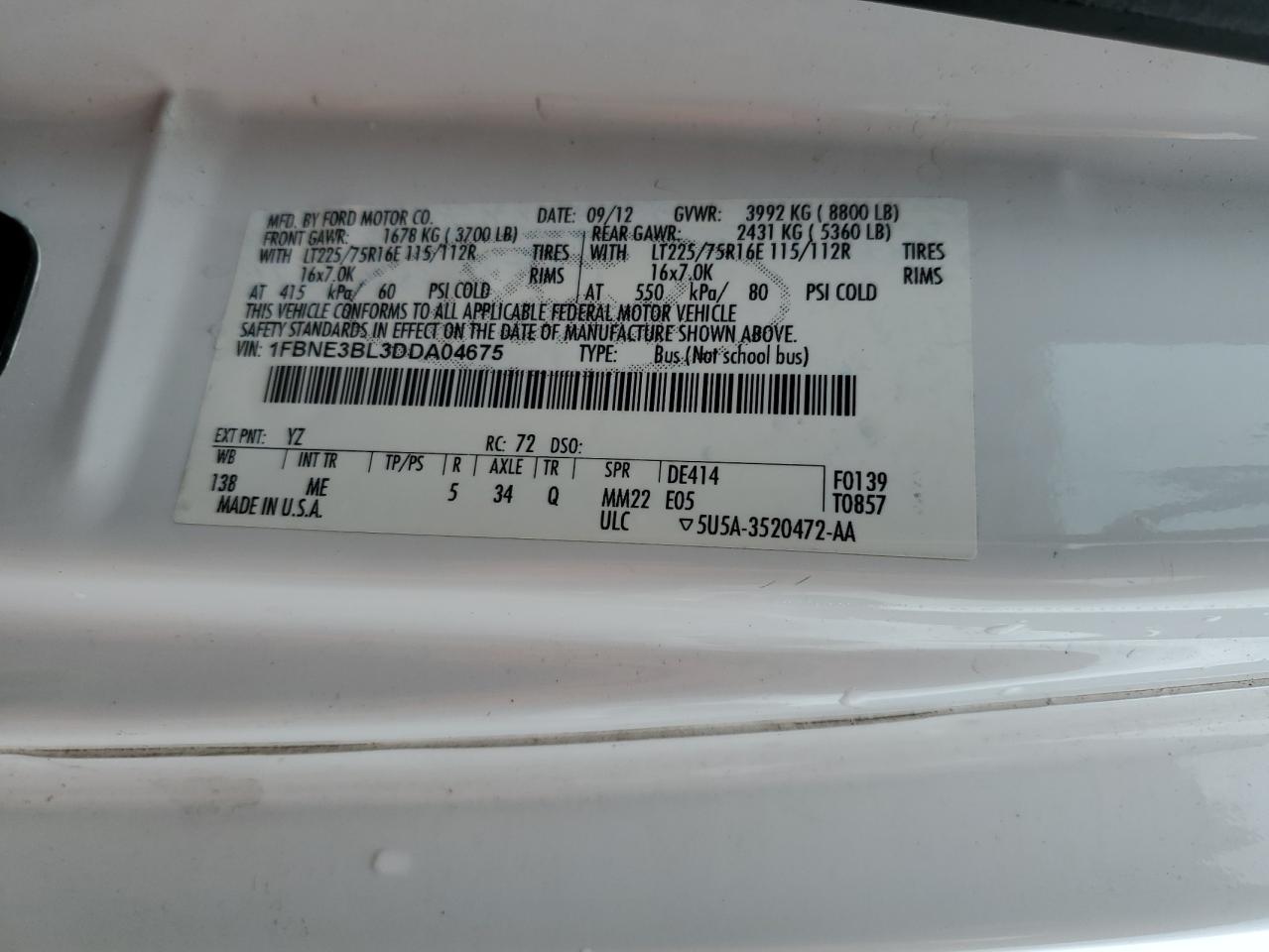 2013 Ford Econoline E350 Super Duty Wagon VIN: 1FBNE3BL3DDA04675 Lot: 85309555