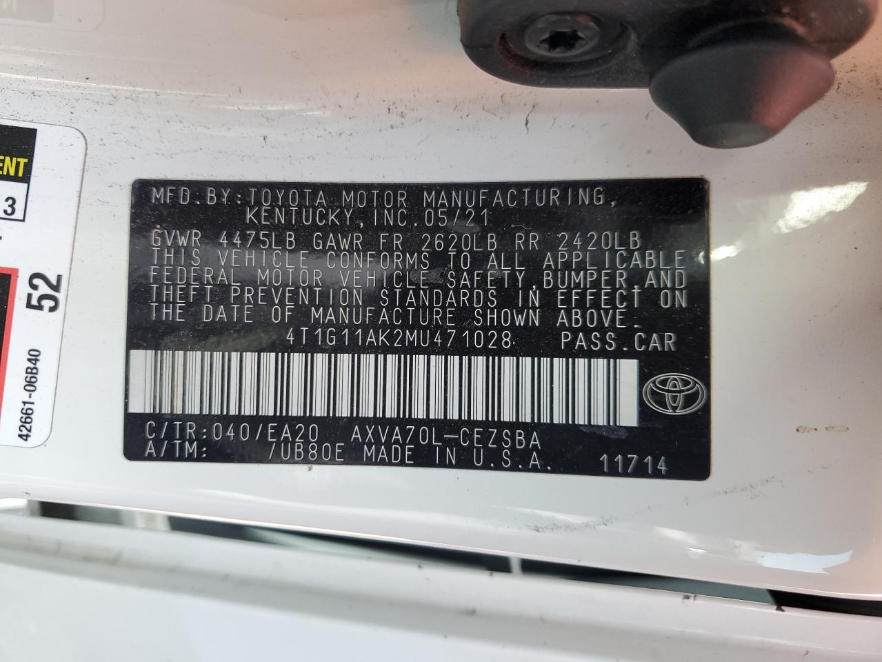 2021 Toyota Camry Se VIN: 4T1G11AK2MU471028 Lot: 84623245