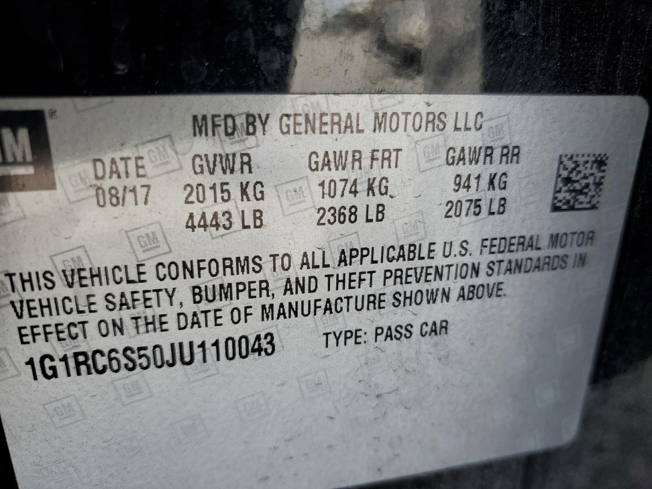 2018 Chevrolet Volt Lt VIN: 1G1RC6S50JU110043 Lot: 81998185