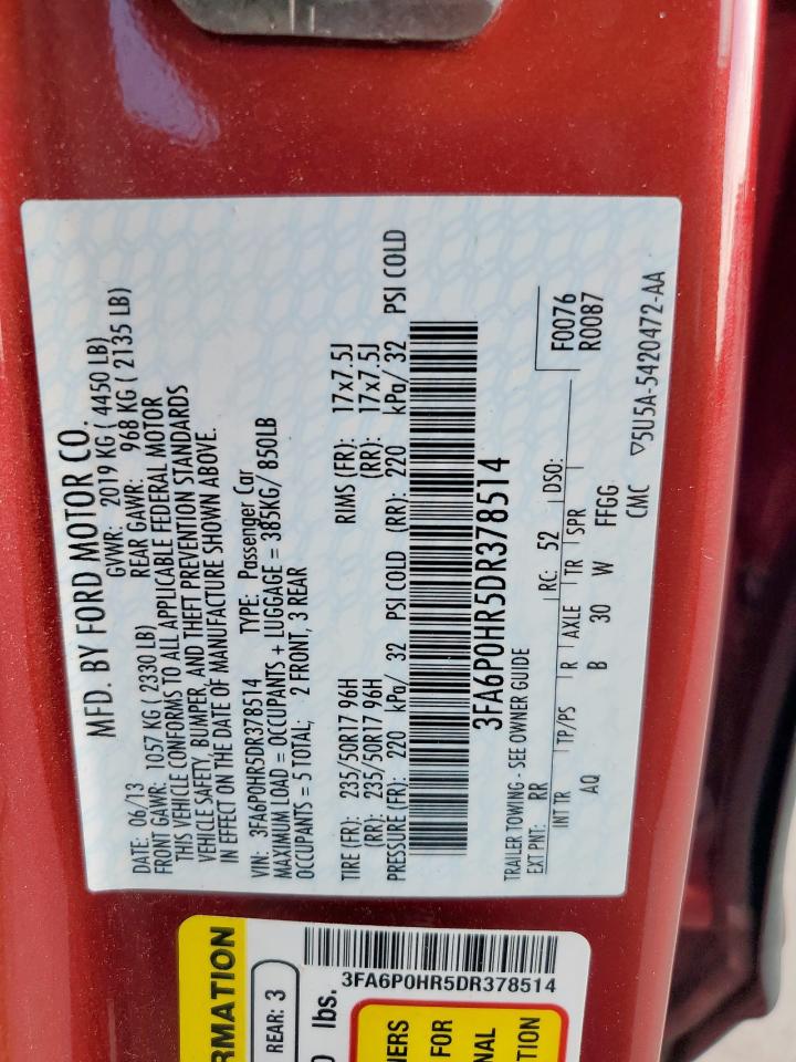 2013 Ford Fusion Se VIN: 3FA6P0HR5DR378514 Lot: 82332945