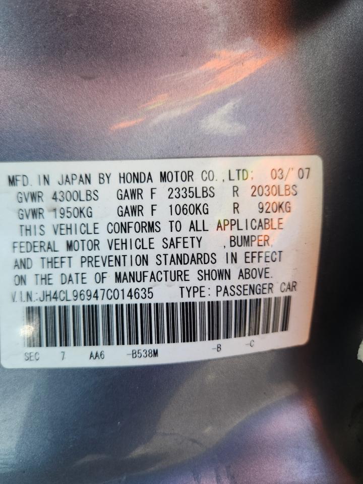 2007 Acura Tsx VIN: JH4CL96947C014635 Lot: 84988765