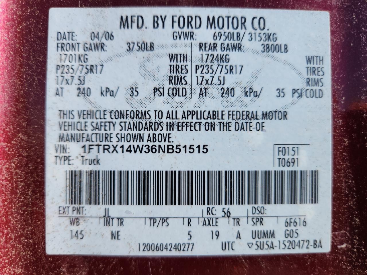 2006 Ford F150 VIN: 1FTRX14W36NB51515 Lot: 90909995