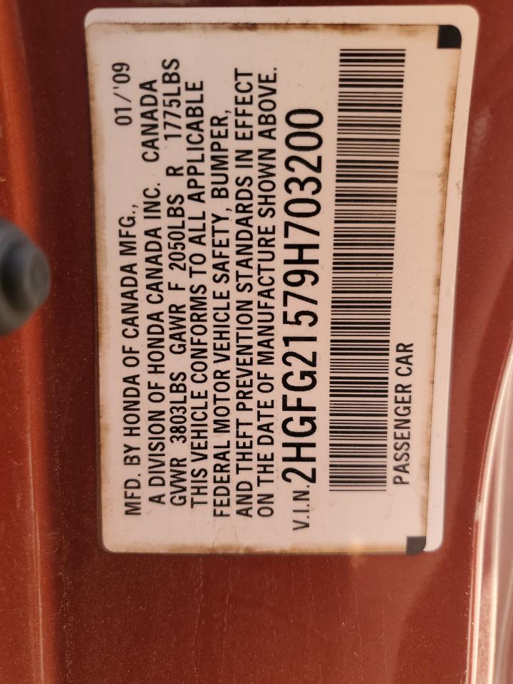 2009 Honda Civic Si VIN: 2HGFG21579H703200 Lot: 85154365