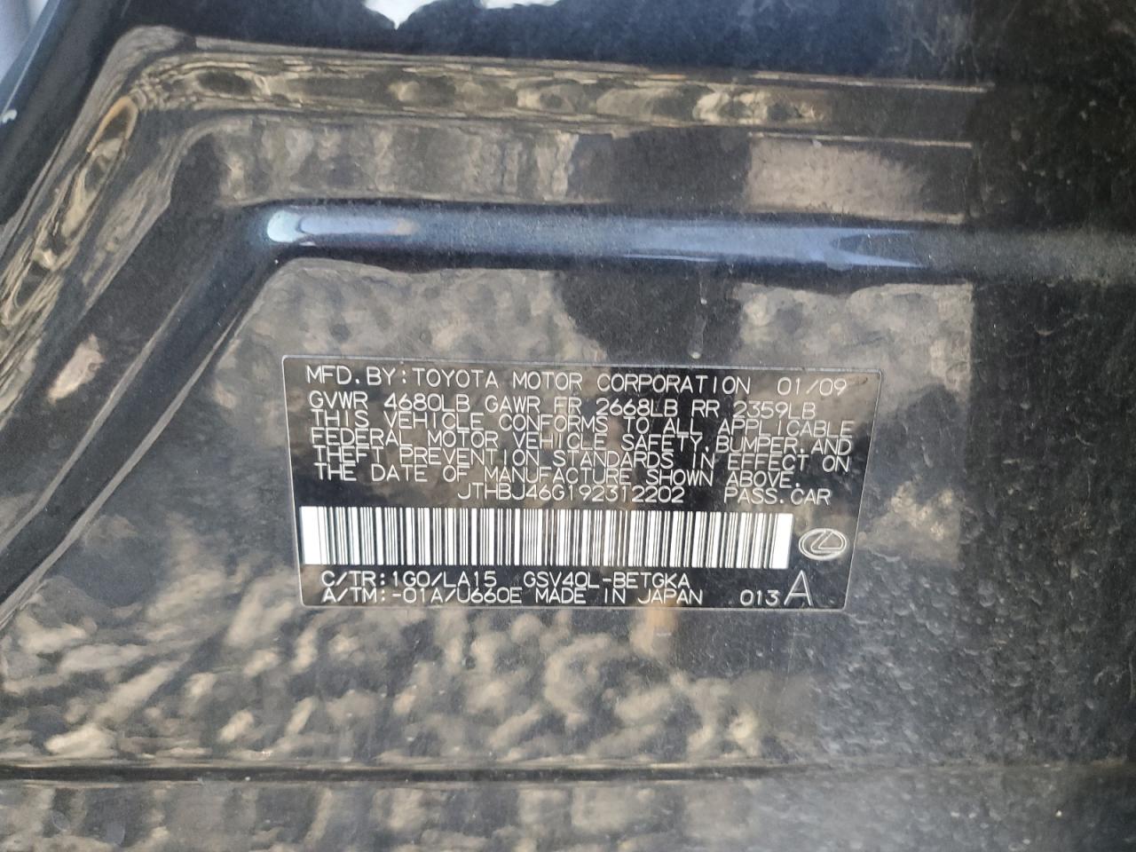 2009 Lexus Es 350 VIN: JTHBJ46G192312202 Lot: 90508175