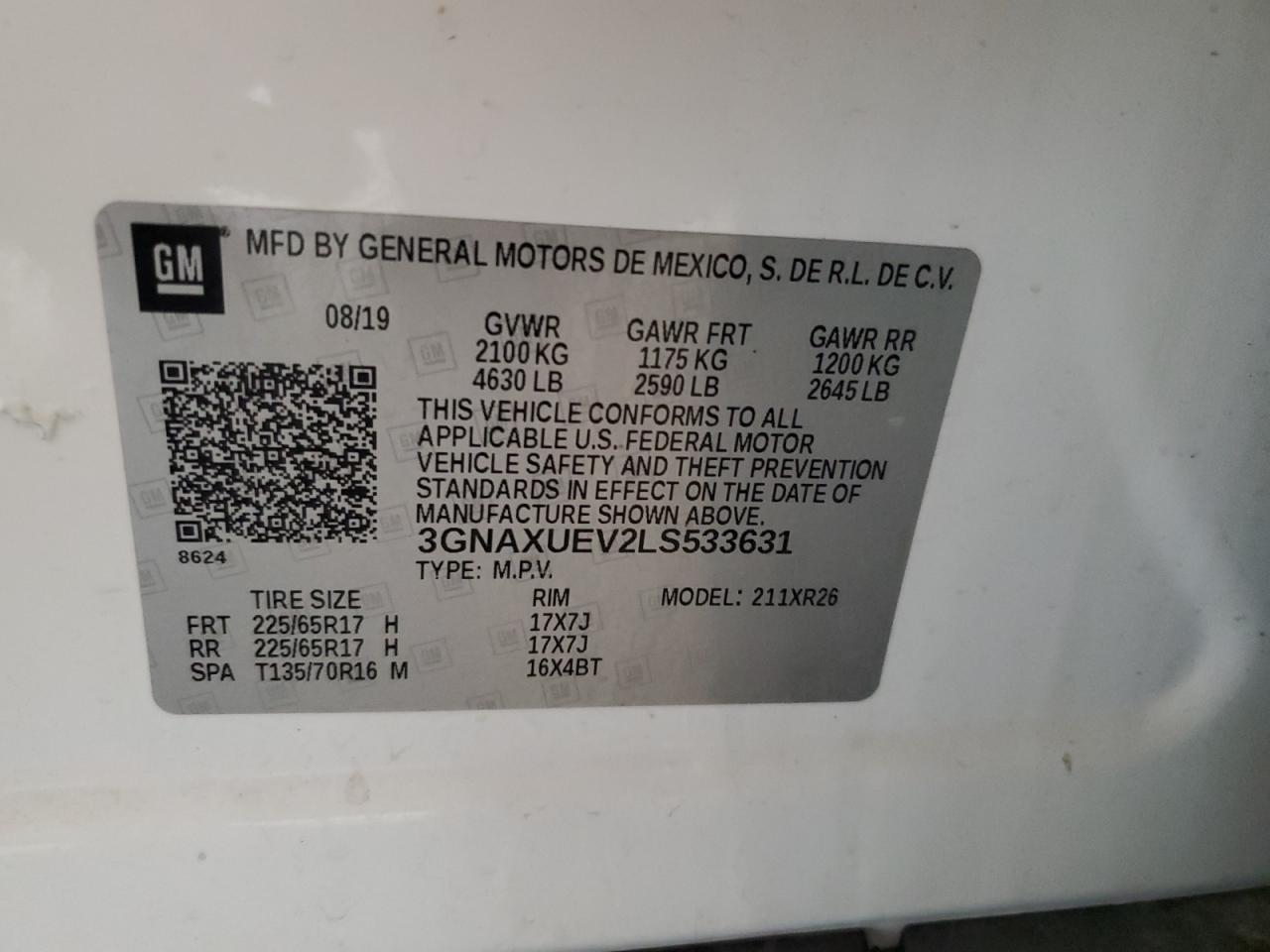 2020 Chevrolet Equinox Lt VIN: 3GNAXUEV2LS533631 Lot: 82335455